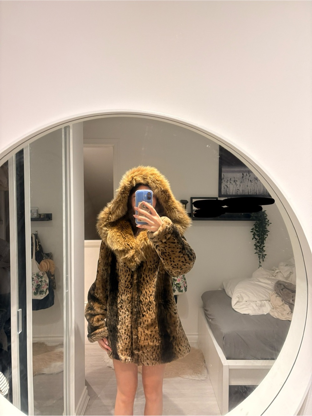 Vintage Plush Real Fur Hooded Coat in Brown